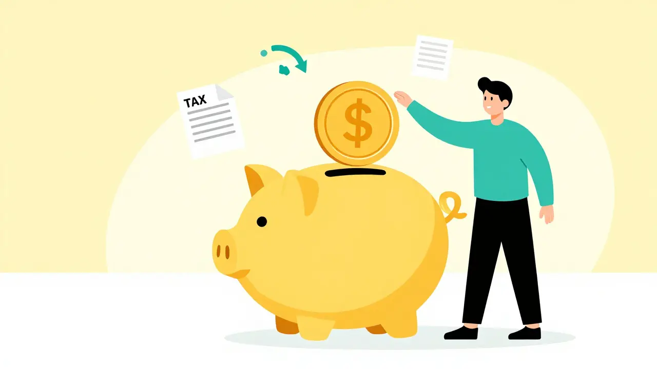 Человек вносит первый взнос в копилку в форме дома с иконками налогового вычета