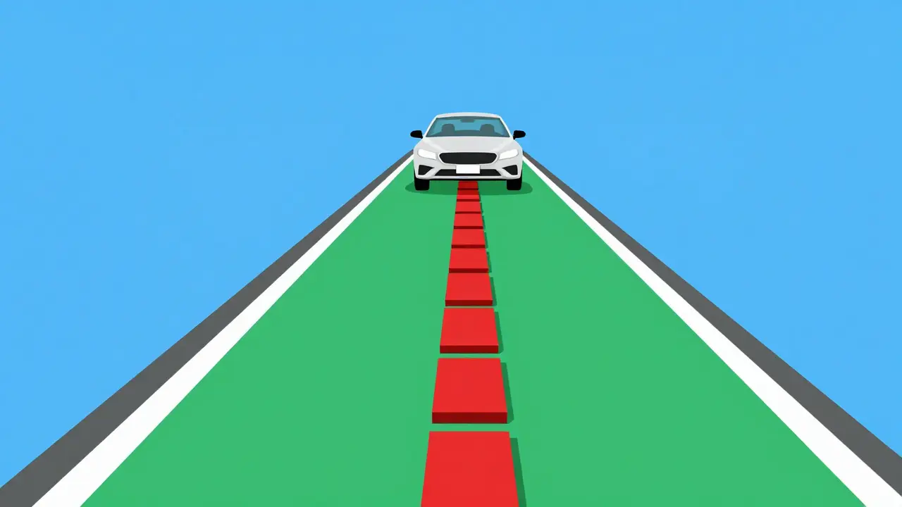 Дорога из красных блоков в зеленые, ведущая к новому автомобилю