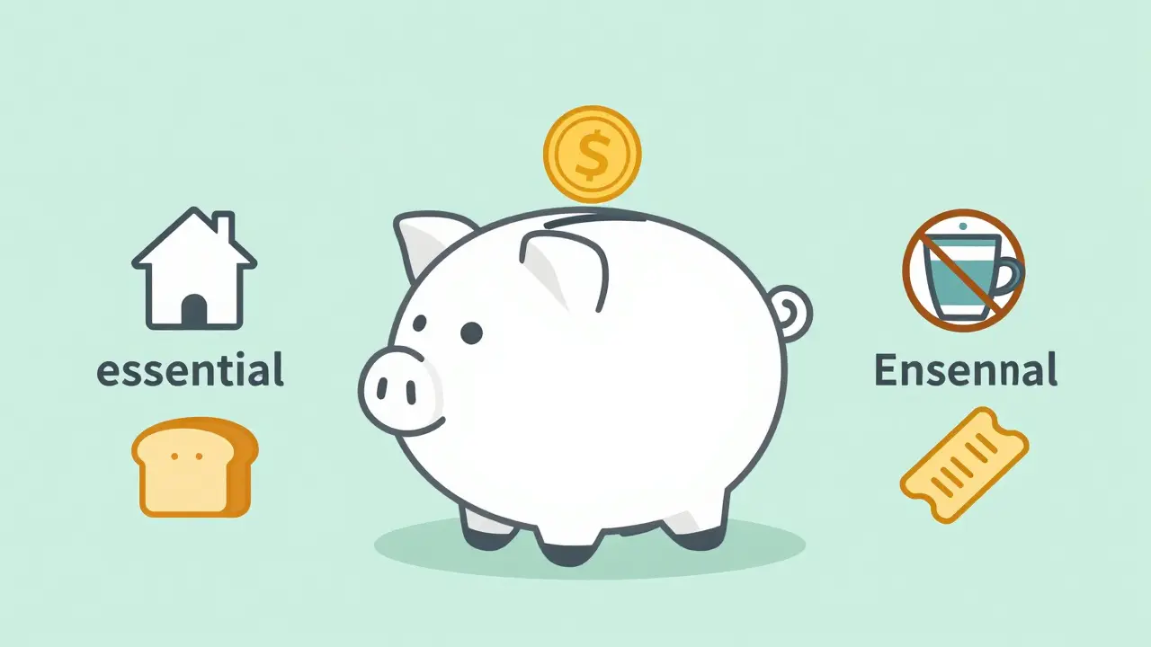 Копилка и две группы иконок: необходимые траты и перечеркнутые необязательные расходы