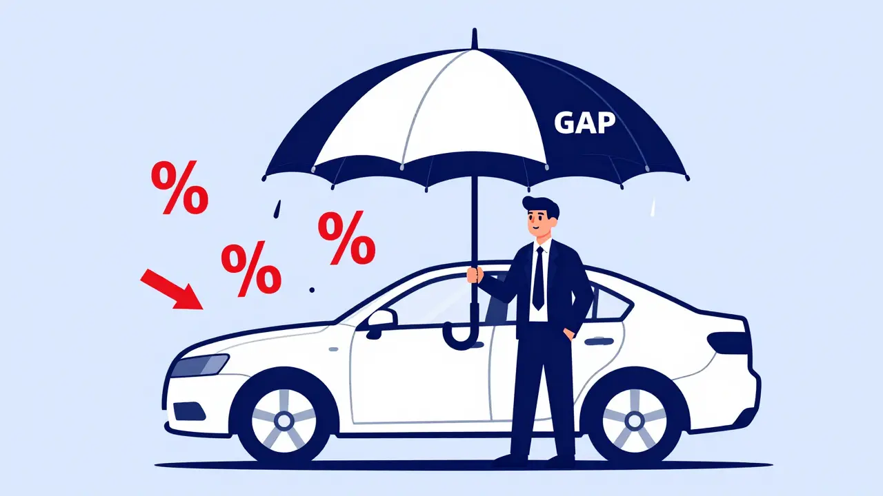 Минималистичный рисунок: защитный зонт GAP оберегает автомобиль от падения цены