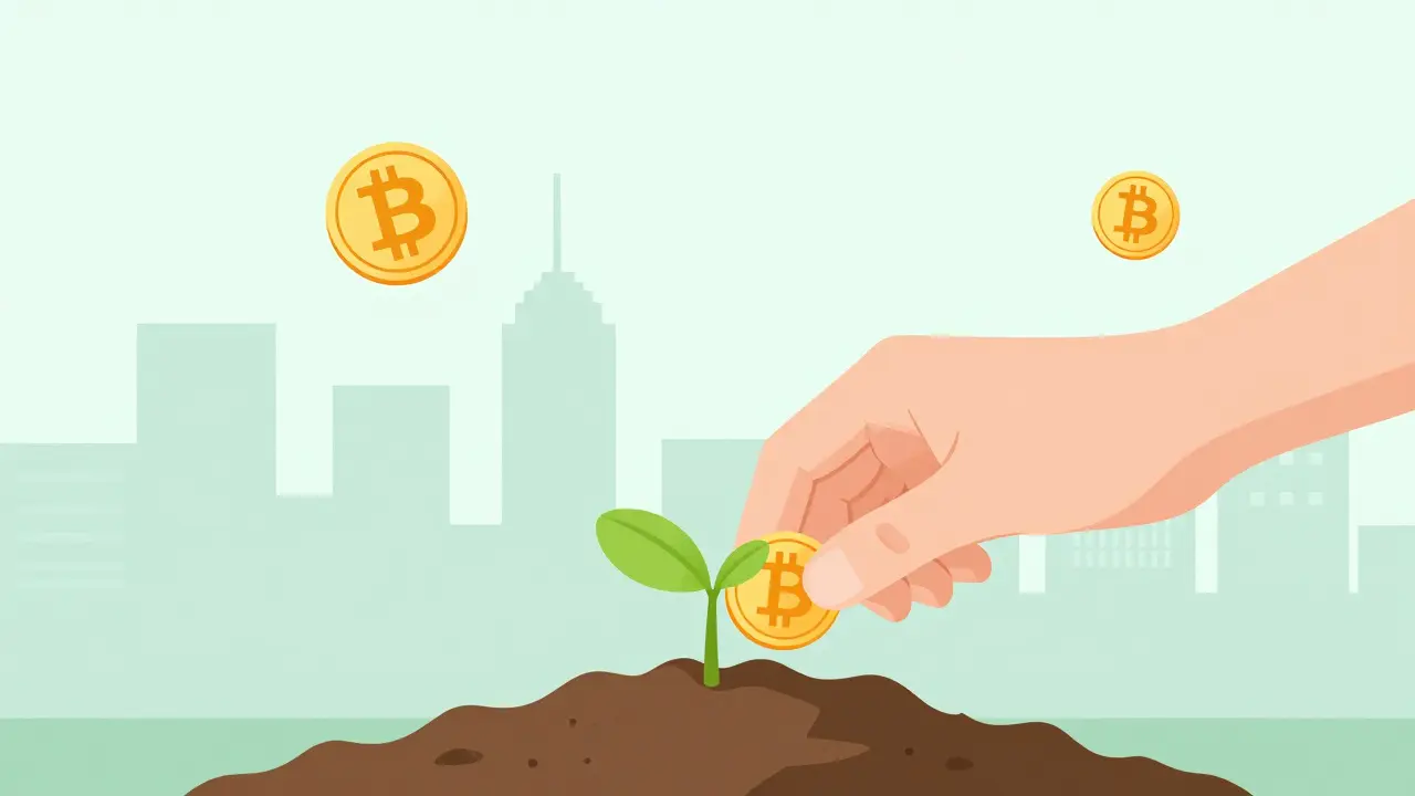 Монета в почве с растущим ростком, символизирующая рост инвестиций