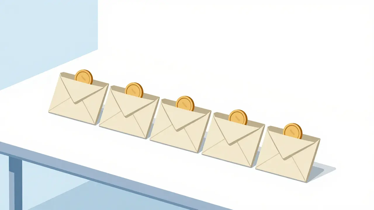 Пять бумажных конвертов с монетами, символизирующих систему распределения бюджета