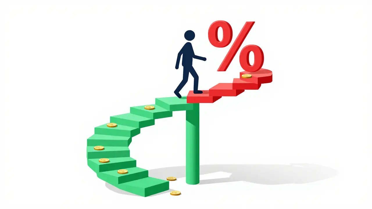 Персонаж на спиральной лестнице из монет, символизирующий долговую яму