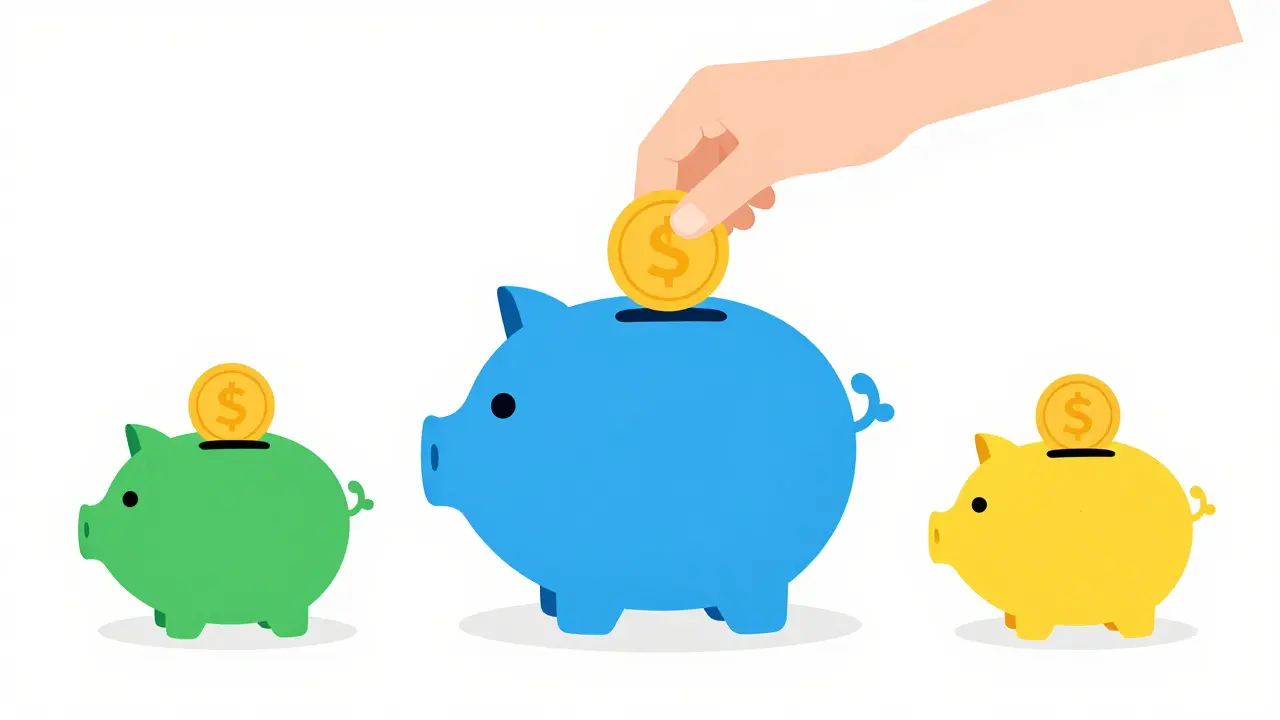 Распределение монет по трем разным копилкам как символ диверсификации сбережений