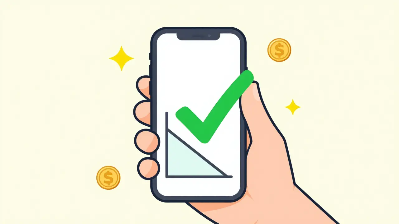 Рука с телефоном, показывающая успешное закрытие кредита