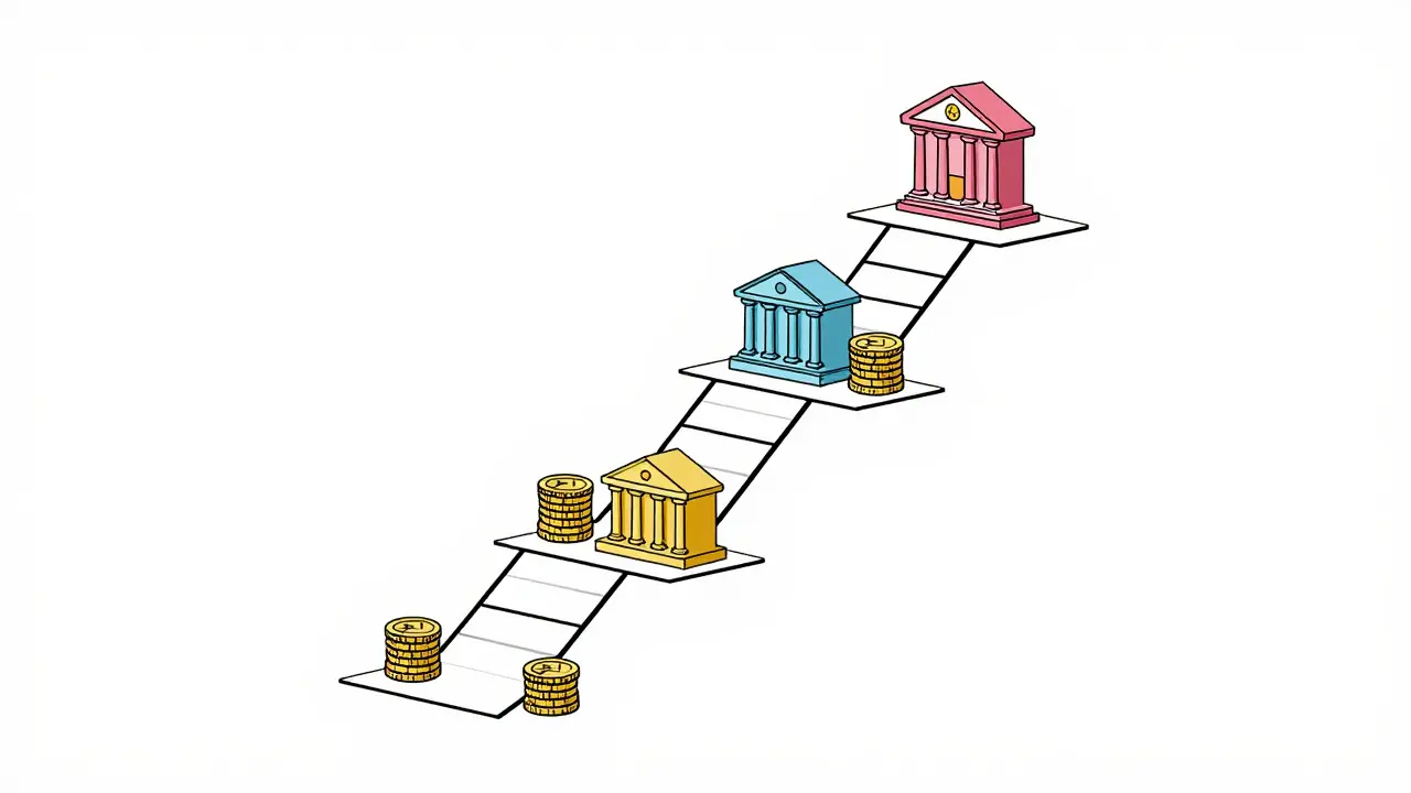 Схематичная лестница из разных банков с распределенными сбережениями
