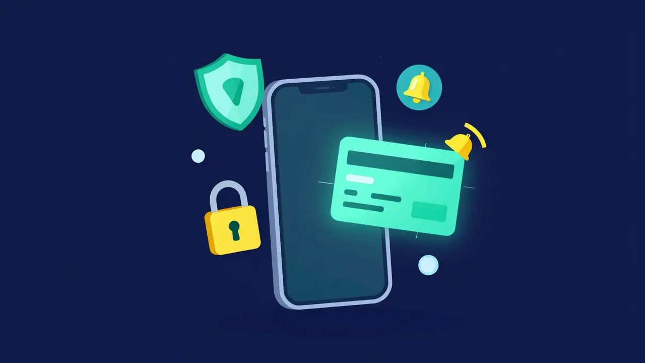 Смартфон с иконками защиты, щитом и виртуальной картой