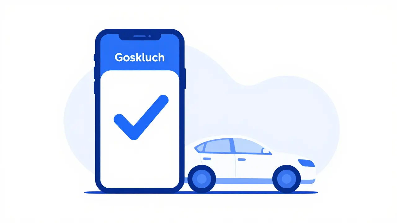 Смартфон с приложением Госключ и иконка автомобиля на белом фоне