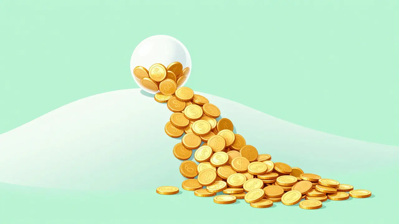 Снежный ком из золотых монет, катящийся с горы и увеличивающийся в размере