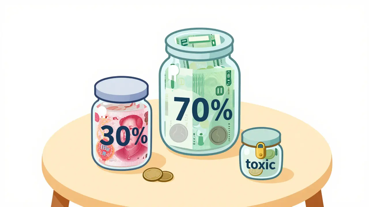 Три банки с разными валютами, символизирующие диверсификацию портфеля