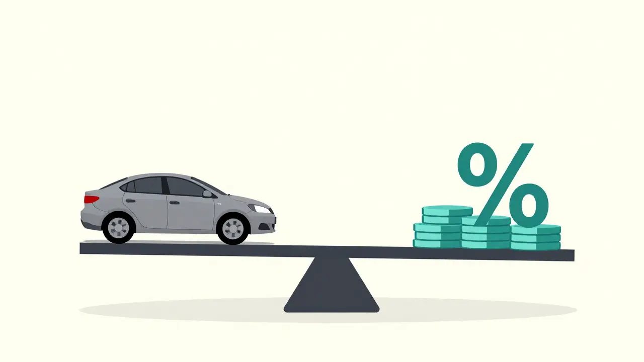 Весы с автомобилем и символом процента, иллюстрирующие сравнение условий автокредита