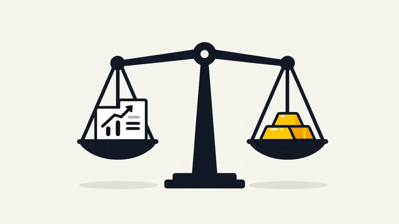 Весы с иконками акций, облигаций и золота, символизирующие диверсификацию