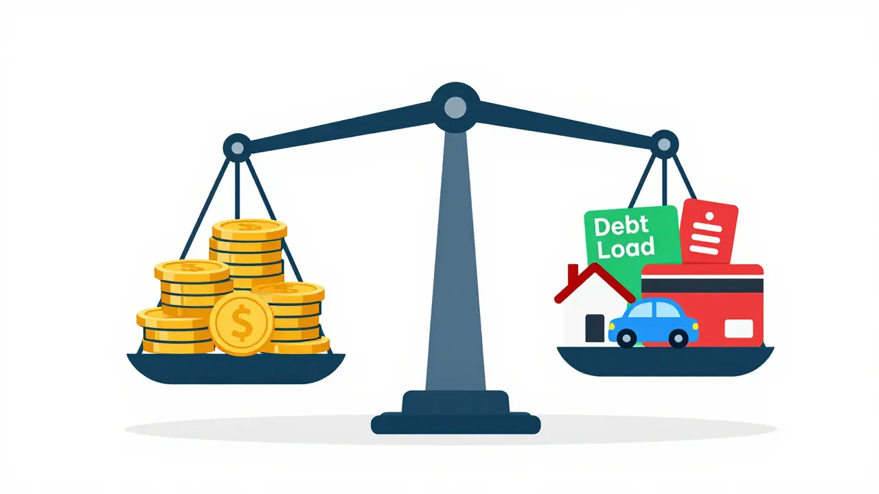 Весы с монетами дохода и иконками кредитных платежей