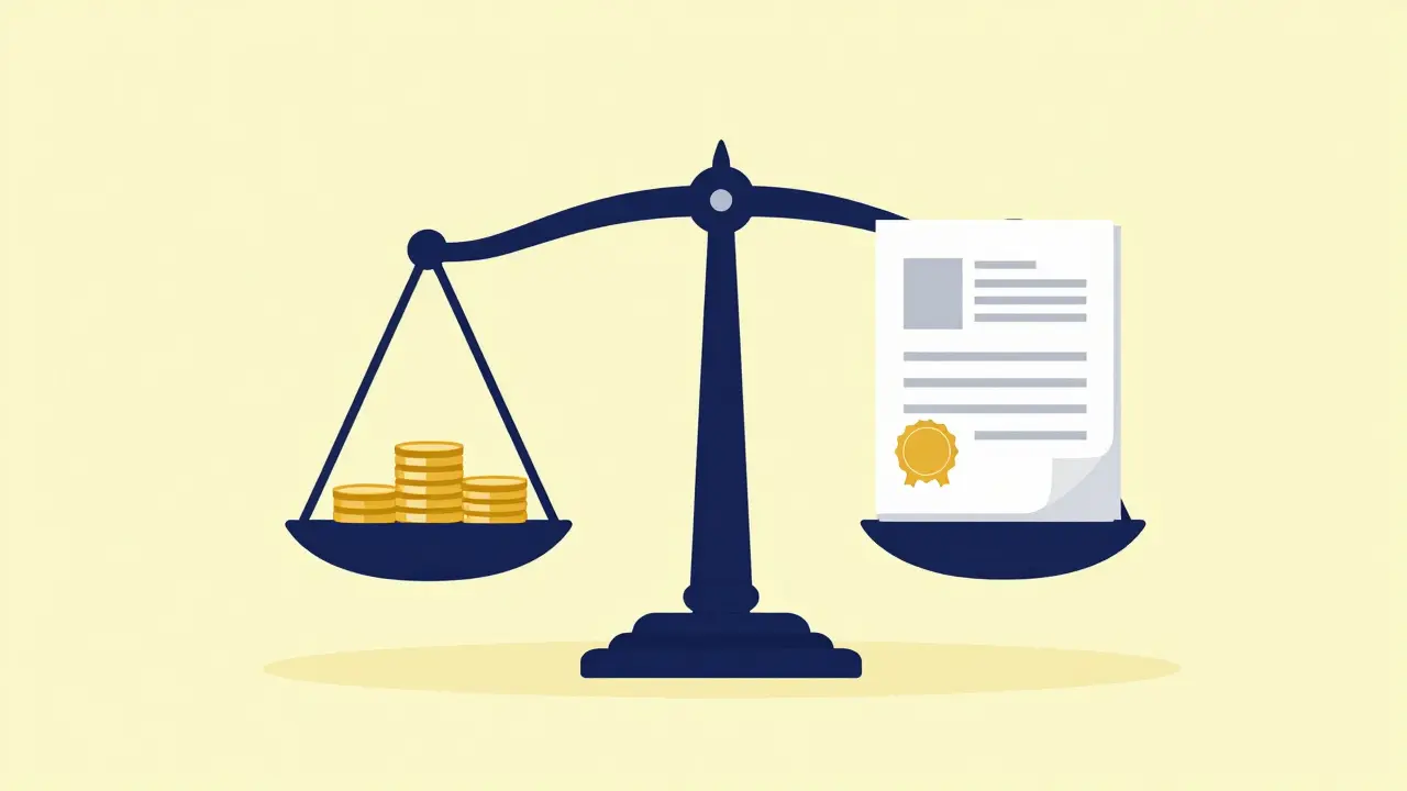 Весы с монетами и банковским договором, символизирующие выбор кредита