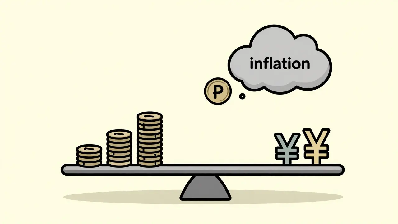 Весы с рублевыми монетами и облаком инфляции