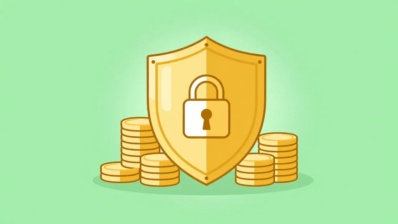 Золотой щит, защищающий стопки монет, символизирующий систему страхования вкладов