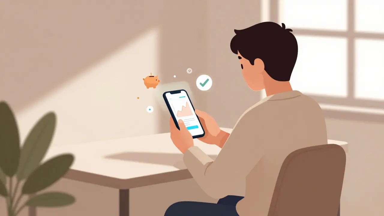 Человек открывает инвестиционный счет на смартфоне в уютной комнате
