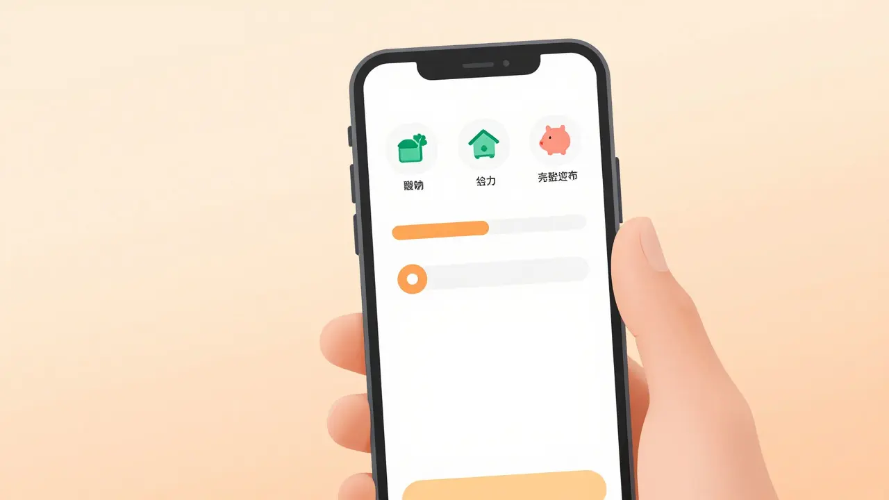 Рука держит смартфон с иконками категорий расходов