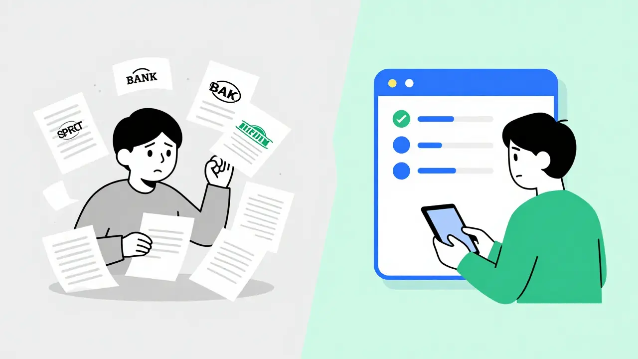 Сравнение хаоса бумажной работы и удобного цифрового поиска кредита