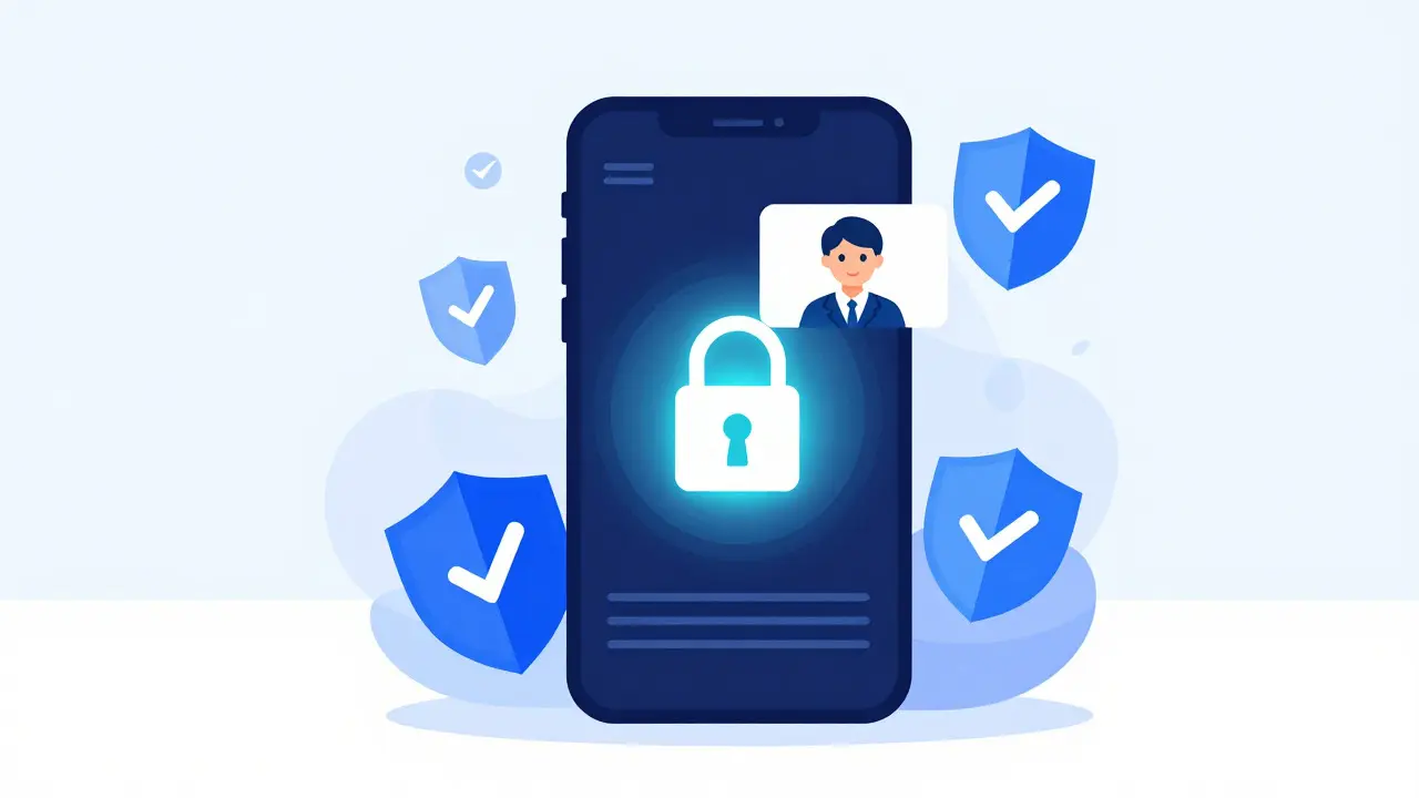 Минималистичная иллюстрация смартфона с иконкой замка и видеозвонком, символизирующая безопасность онлайн-банкинга
